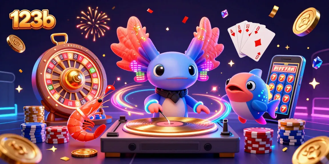 Experience 123b's vibrant casino energy with a neon axolotl DJ surrounded by dazzling animations and game elements.