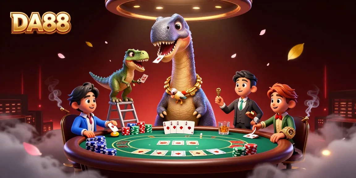 DA88 poker scene with a giant brontosaurus and clever raptor dealing cards.