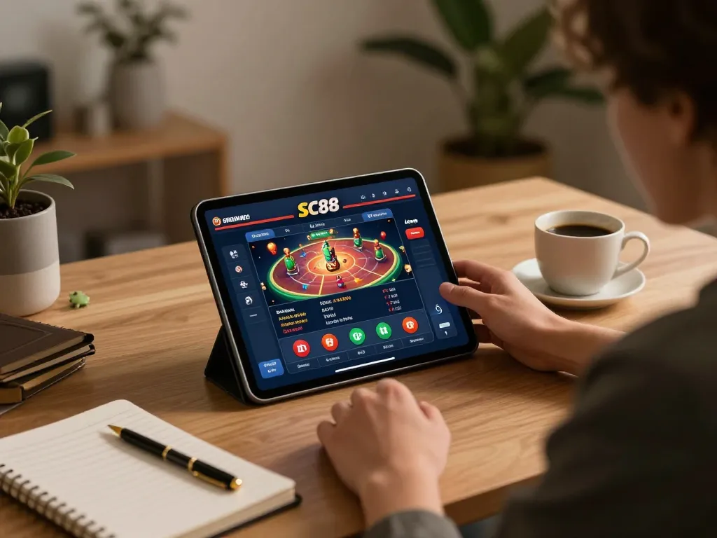 Engaging scene showcasing a user exploring SC88 Bio app on tablet for responsible online gambling