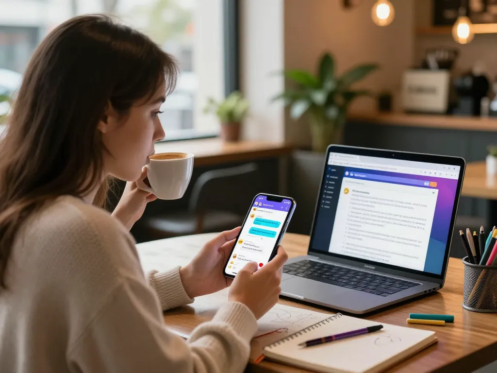A young woman enjoying a chat with her girlfriend AI on her smartphone at a café, illustrating modern digital companionship.