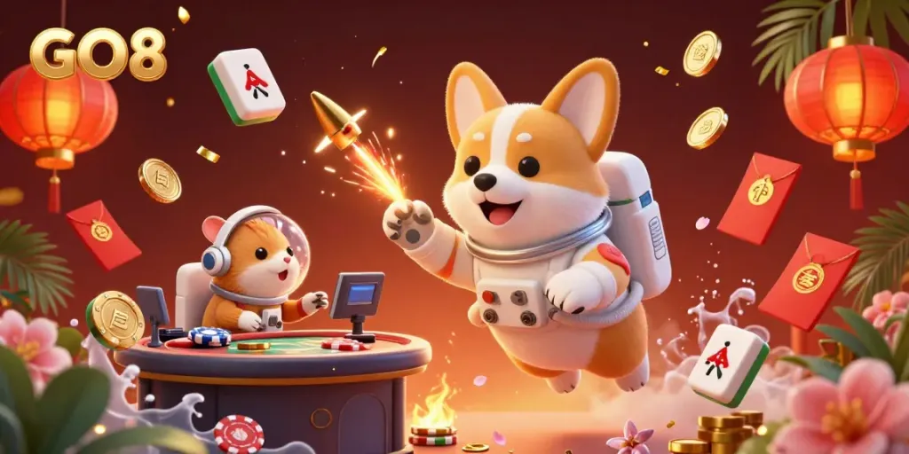 Experience the thrill of winning with GO8 in a vibrant space casino scene featuring a corgi, hamster, and goldfish.