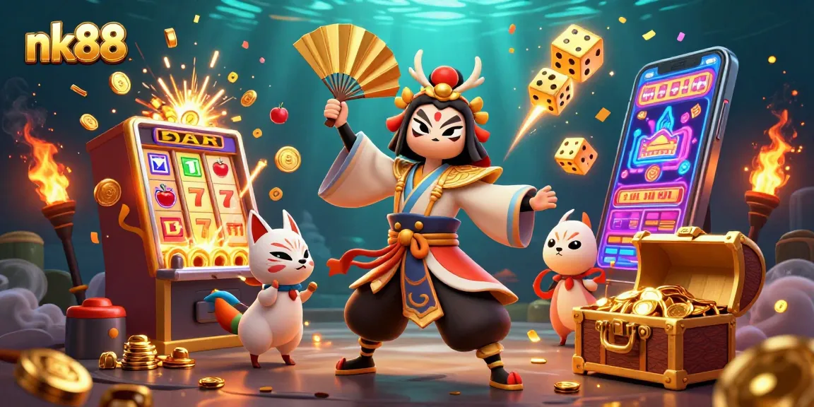Experience the thrill of nk88 with kabuki warriors and jackpot excitement in vibrant casino illustration.