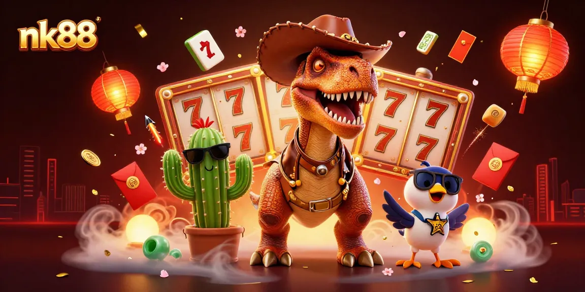 Play thrilling games on nk88 with vibrant T-Rex, cactus, and roadrunner in a lively casino scene.