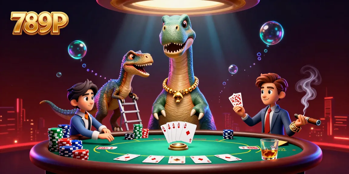 Experience thrilling gameplay with 789P as a brontosaurus oversees a poker table filled with action.