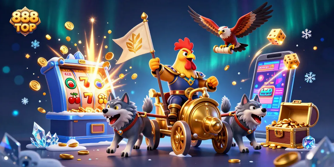 Experience excitement at 888TOP with a dynamic scene featuring a rooster warlord, slot explosion, and gaming elements.