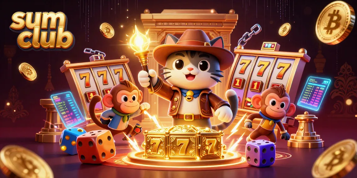 Explore thrilling gaming at sum club with a 3D cartoon archaeologist cat uncovering treasures.