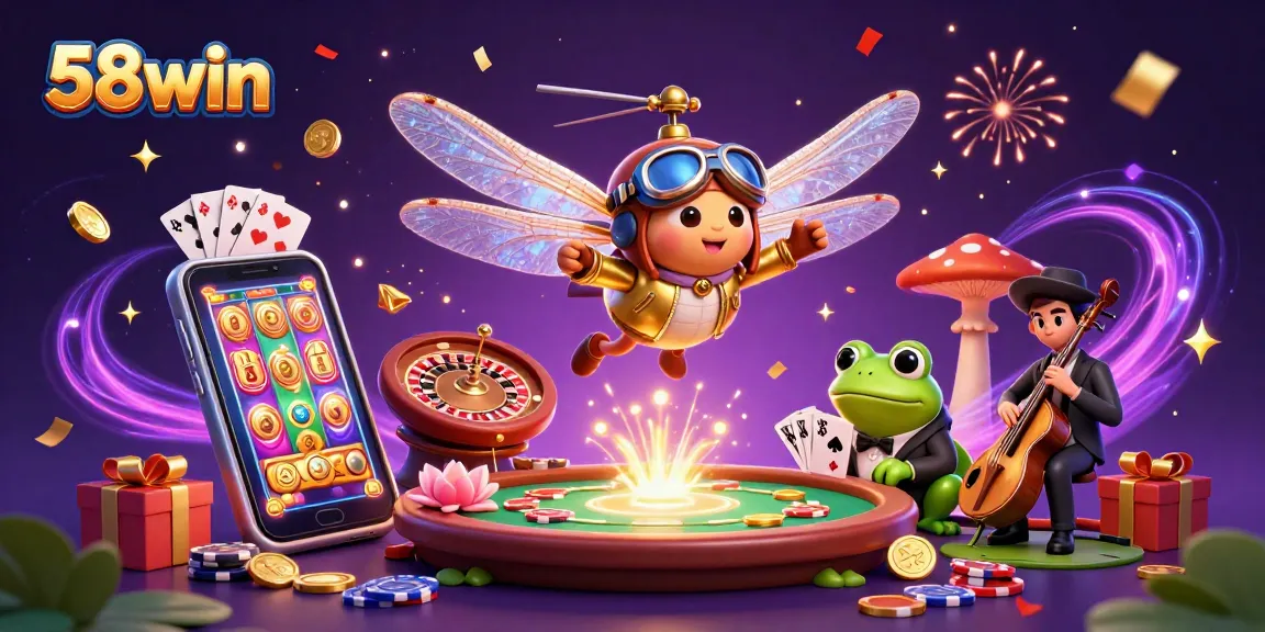 Win big at 58win with a vibrant scene showcasing a frog croupier dealing cards and gold coins erupting.