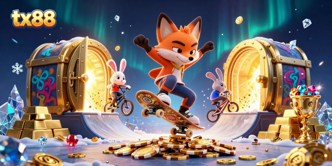tx88 skateboarding fox flips over poker chips in a vibrant casino-themed scene
