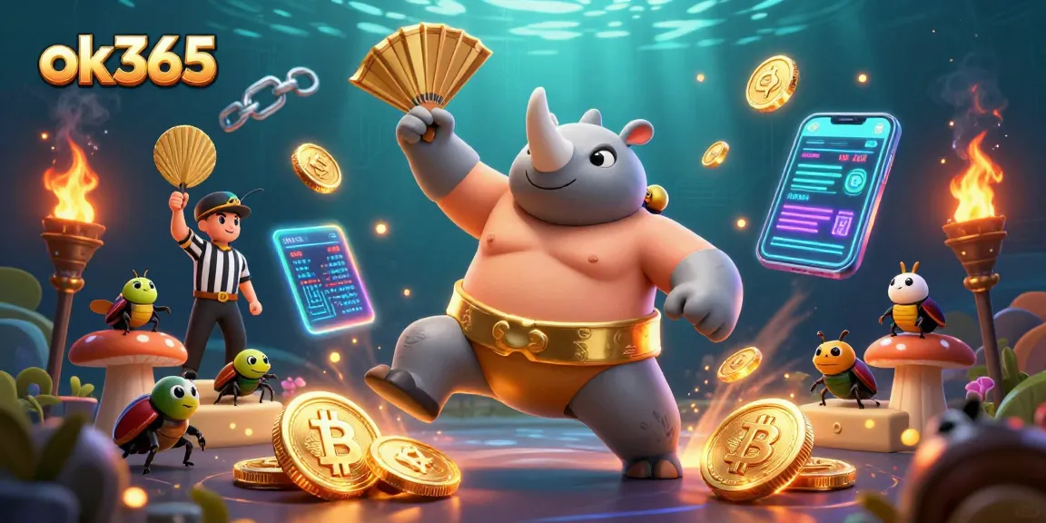 Experience exciting gameplay at ok365 with a 3D beetle sumo champion surrounded by crypto elements.