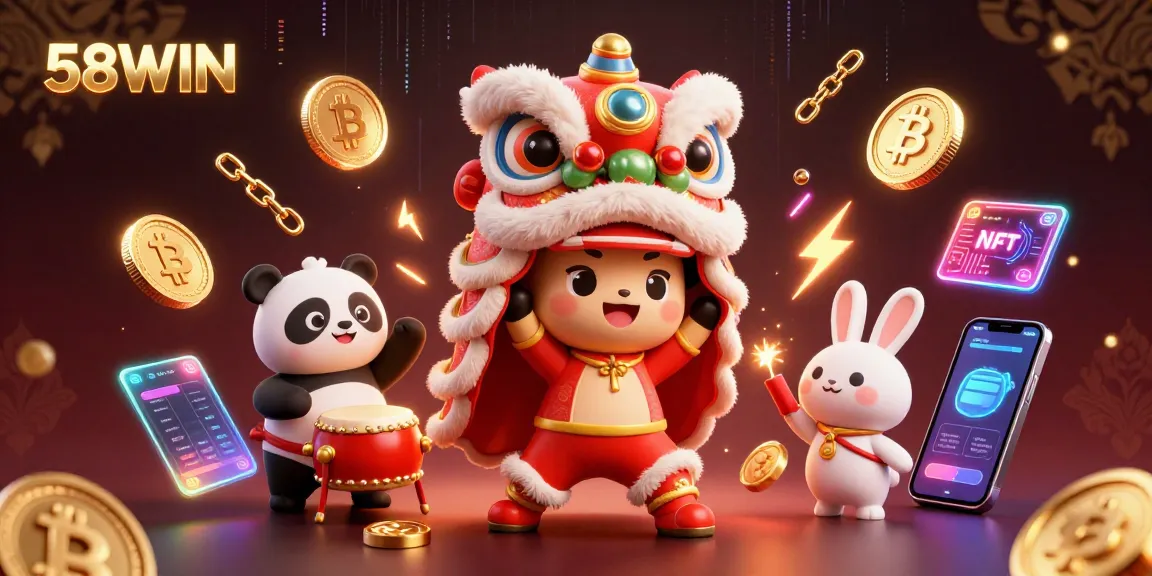 Join the excitement at 58WIN with vibrant gaming visuals, showcasing crypto coins and characters.