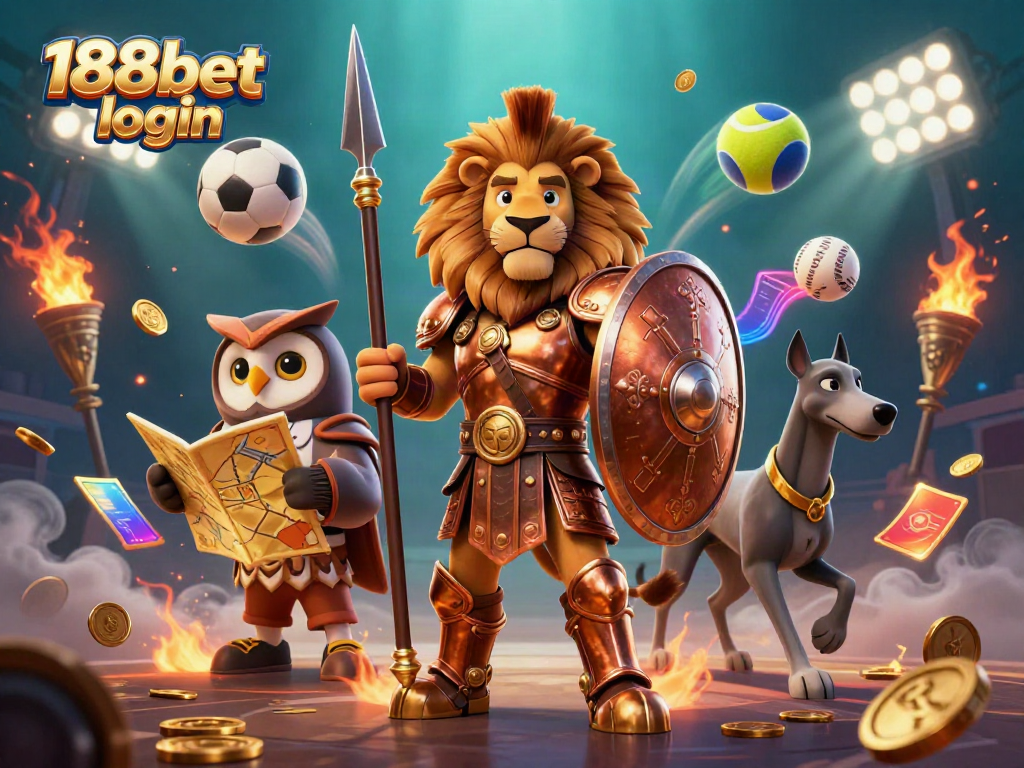 Experience the excitement of 188bet login with a vibrant casino-themed illustration showcasing a Spartan lion, owl strategist, and greyhound.