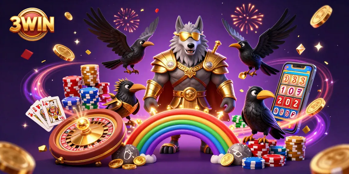 3WIN offers excitement with dynamic casino scenes of Odin the wolf, colorful chips, and golden coins.