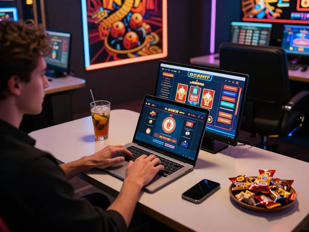 Player engaging with RR88 online casino games on laptop with vibrant graphics and snacks.