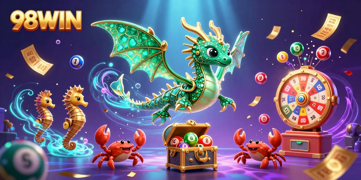 Engage with 98WIN's vibrant treasure-themed illustration featuring a magical sea dragon and dynamic gaming elements.
