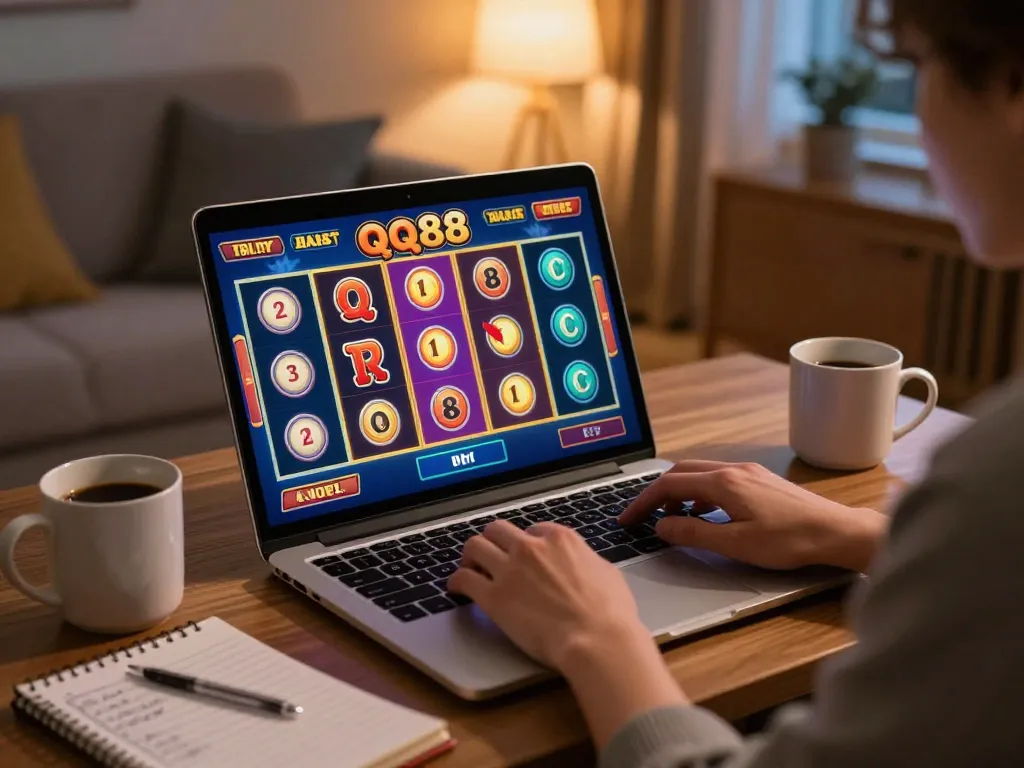 Play exciting games on qq88 with vibrant online slots displayed on a laptop in a cozy home.
