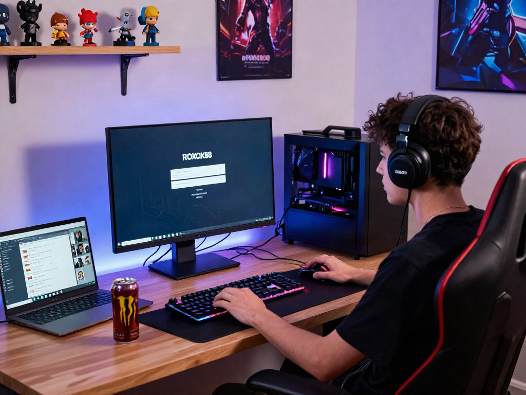 Engaging gaming setup with ROKOK88 login displayed on a monitor, featuring dynamic lighting and gaming peripherals.