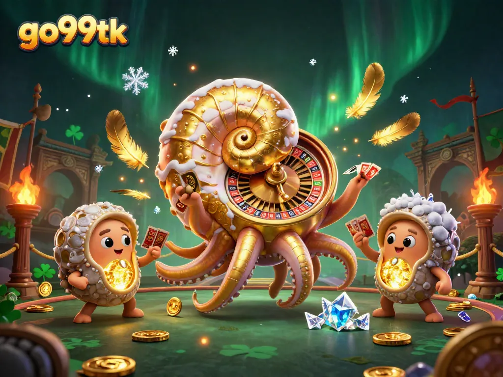 Engage in thrilling action at go99tk with a festive casino scene featuring a golden roulette nautilus.
