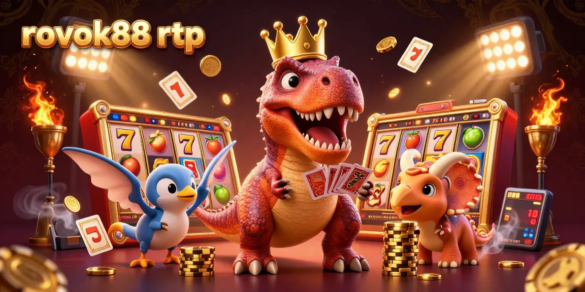 rokok88 rtp showcases a T-Rex card shuffle amidst a vibrant casino scene with slots and golden chips.