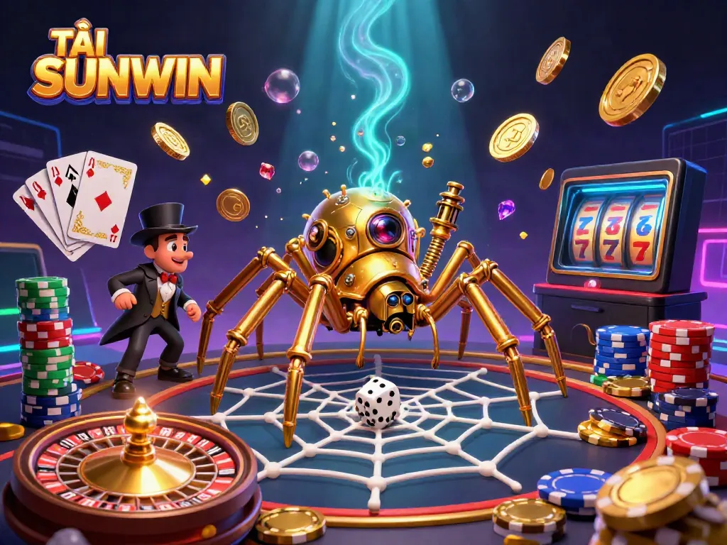 TẢI SUNWIN and immerse in a vibrant casino scene featuring a playful steampunk spider and golden gaming elements.