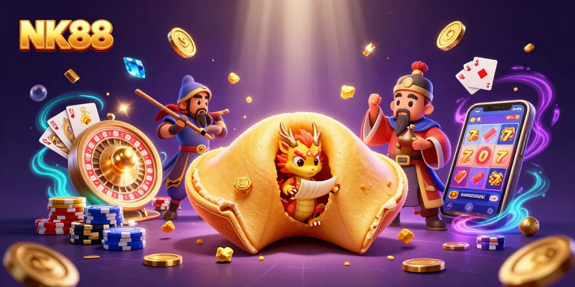 Engage with thrilling NK88 gaming action, featuring vibrant illustrations of jackpots and fortune cookies.