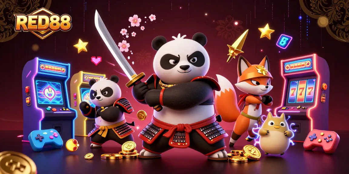 Engaging artwork of RED88 with a samurai panda, ninja fox, and spirit tanuki amidst vibrant casino-themed elements.