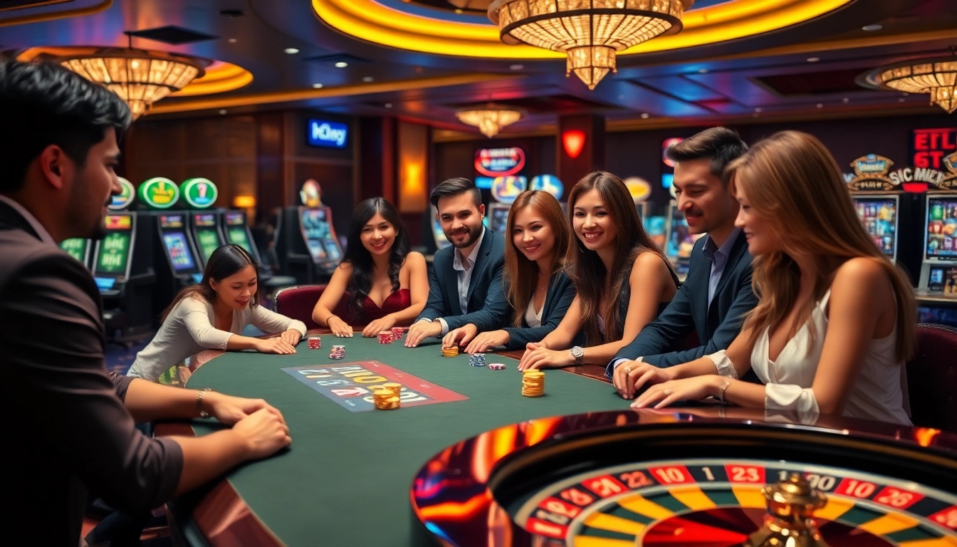 Cổng game Hitclub: Players immersed in an exciting casino scene with vibrant gaming tables and slot machines.
