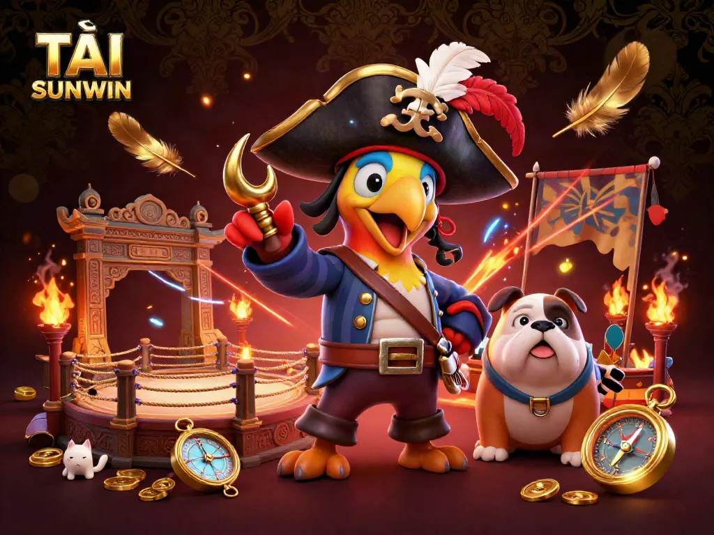 TẢI SUNWIN showcases an exciting pirate-themed online gaming adventure with vibrant characters amid a gold-filled gambling atmosphere.