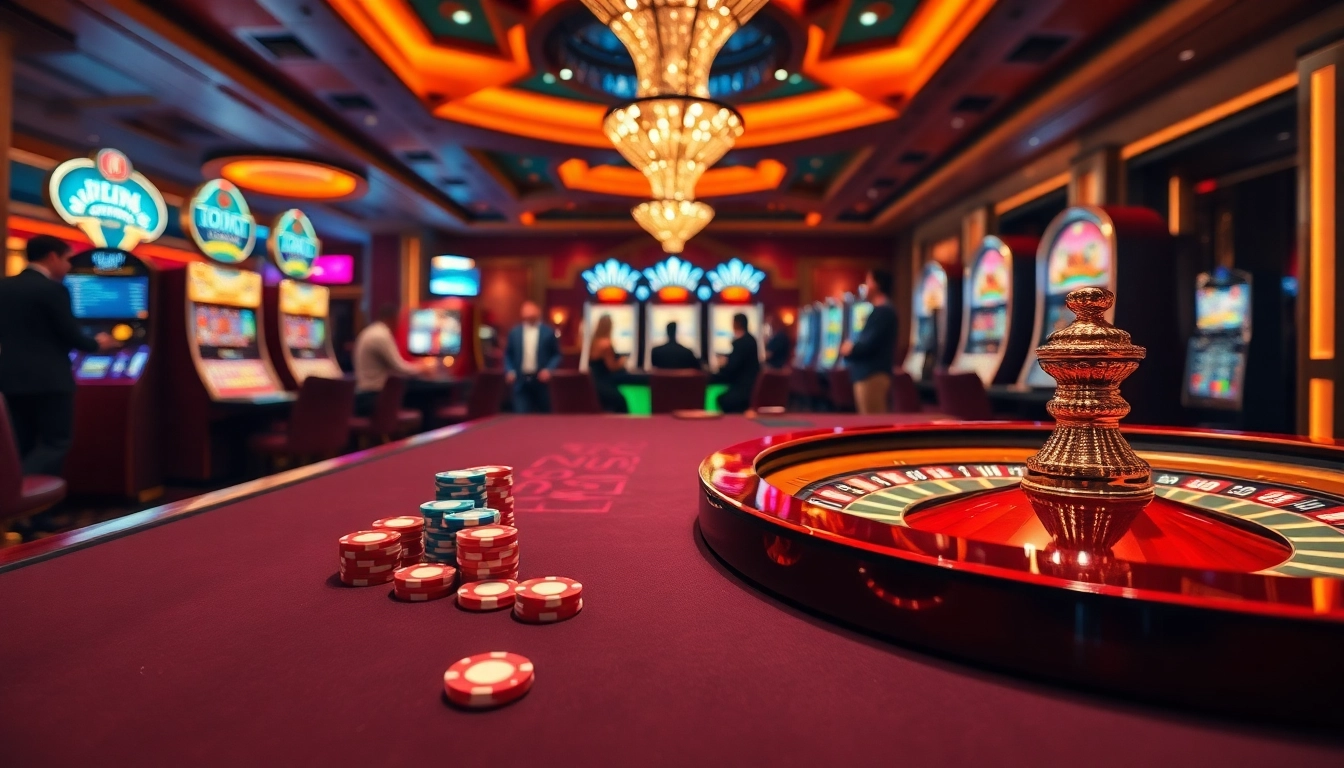 Experience the thrilling gaming atmosphere at https://f168.vision/ with vibrant casino tables, illuminated slot machines, and engaged gamblers.