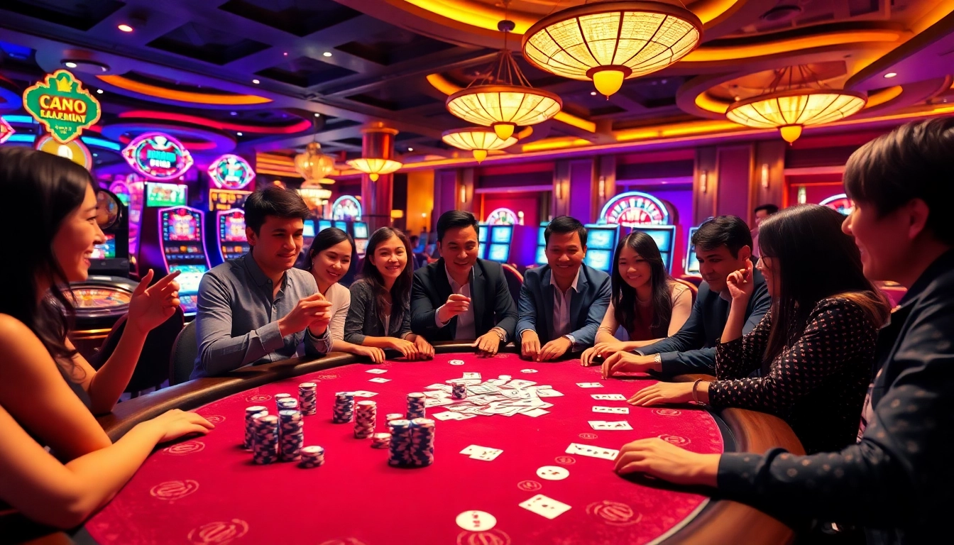 Players enjoying a vibrant poker game at Nhà Cái FLY88 casino, surrounded by excitement and betting action.