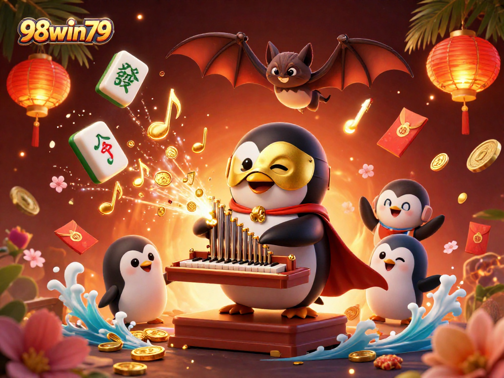 Experience excitement with the 98win79 casino scene filled with coins, lights, and joyful characters!