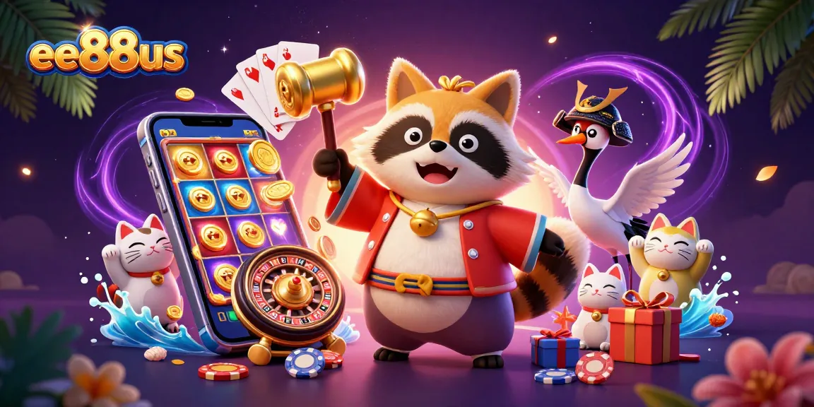 Play exciting slots with ee88us featuring cheerful tanuki and lucky symbols.
