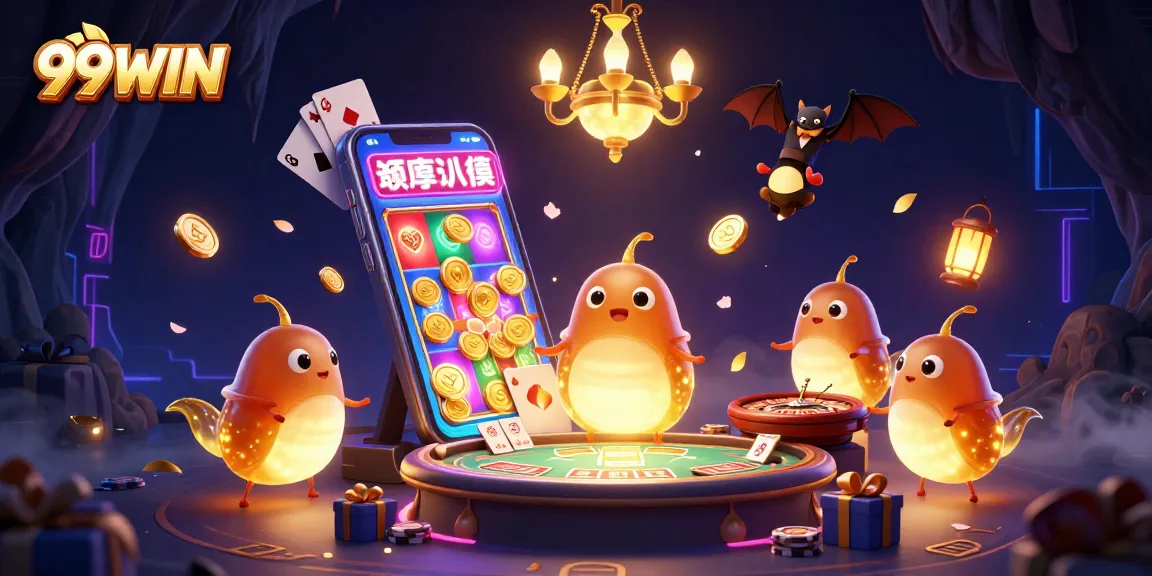 Experience thrilling gameplay with 99WIN as glowworms illuminate a vibrant cave casino scene.