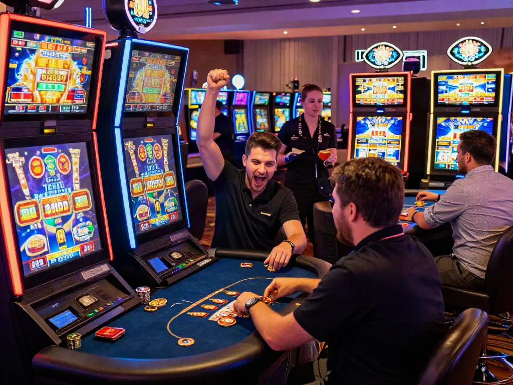 Excited player celebrating a win at https://man88pro.com/ online casino with vibrant slot machines and live dealer tables.