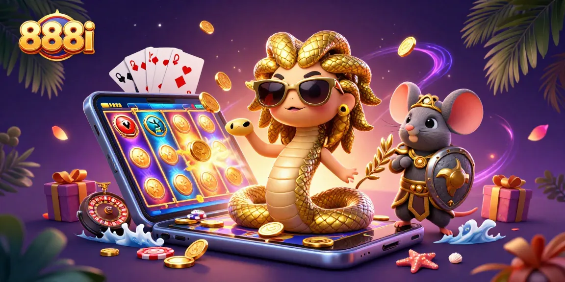 Experience 888i with vibrant slot games, friendly characters, and dazzling casino elements.