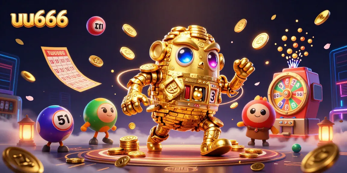 Experience the excitement of uu666's gaming with a dynamic scene of a golden golem among vibrant gaming elements.