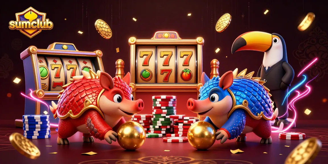 Engage with sumclub as rival pangolins roll through golden jackpot symbols and poker chips in an exciting casino scene.