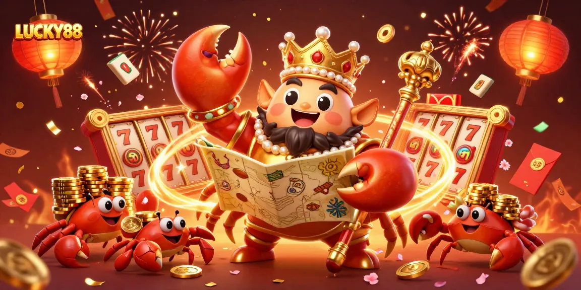 Engage with LUCKY88 slot action featuring a majestic crab emperor amidst a vibrant casino celebration.