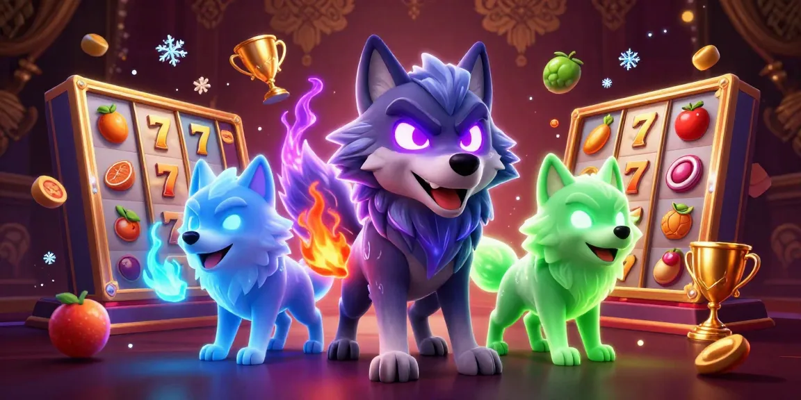 Engage in thrilling mm88 game action with a captivating wolf trio amid vibrant slots and jackpot elements.