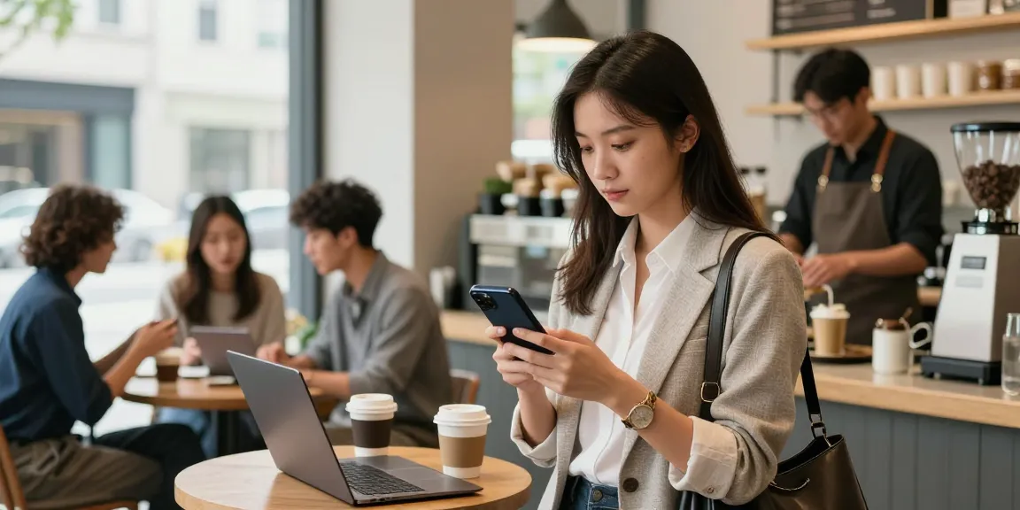 Youthful professional checking rokok88 link on smartphone at a busy café with modern vibe.