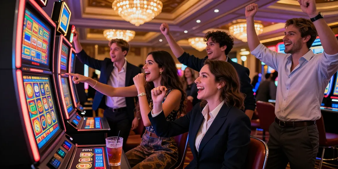 Excited group celebrating a winning moment at a slot gacor machine in a vibrant casino.