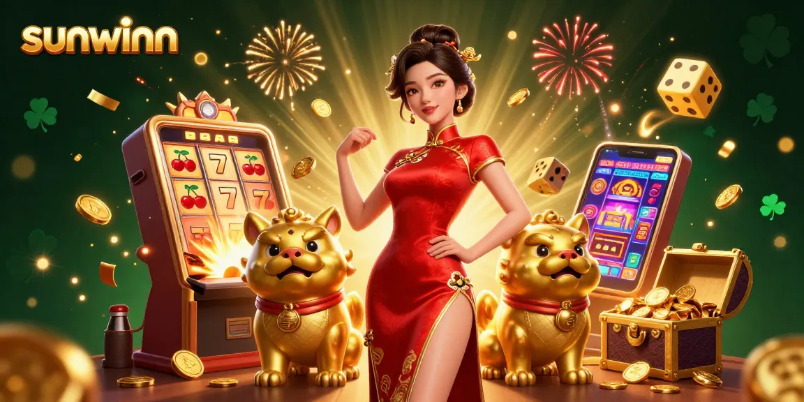 Experience thrilling jackpots at sunwinn with a festive casino scene featuring vibrant slot machines and a glamorous character.