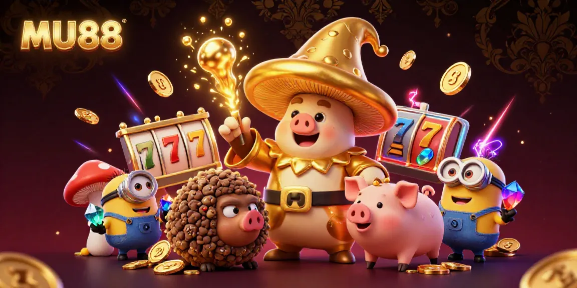 Engage in MU88's magical gaming experience with a golden mushroom wizard and dynamic casino elements.