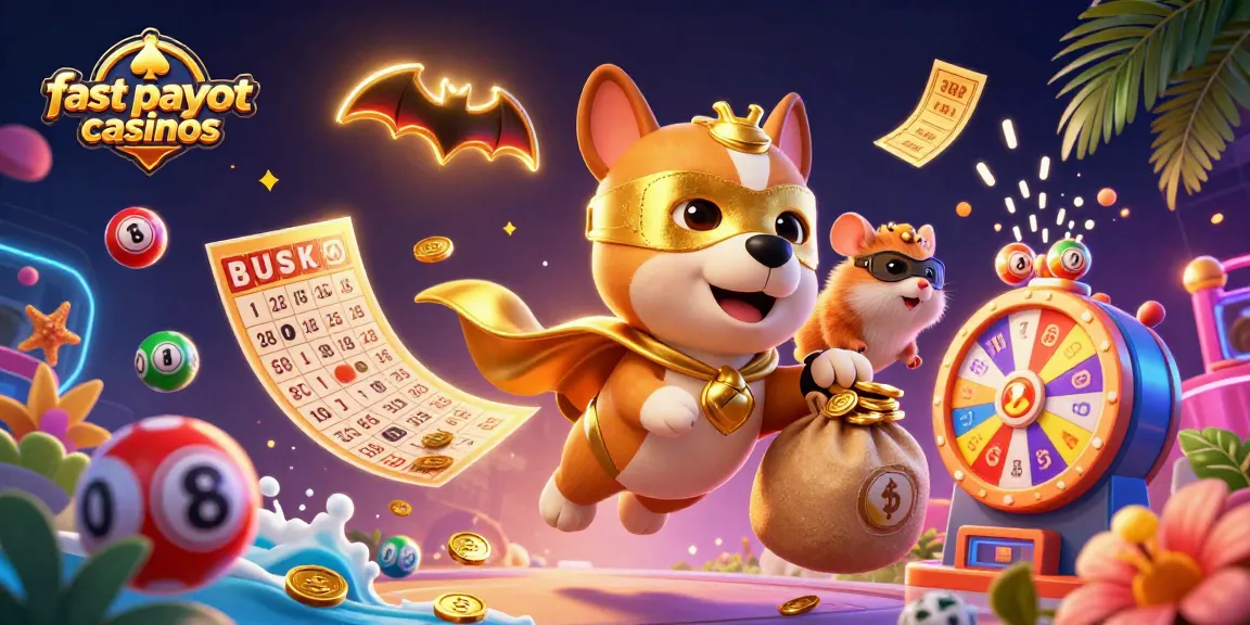Experience fast payout casinos with an animated superhero dog and vibrant casino elements.