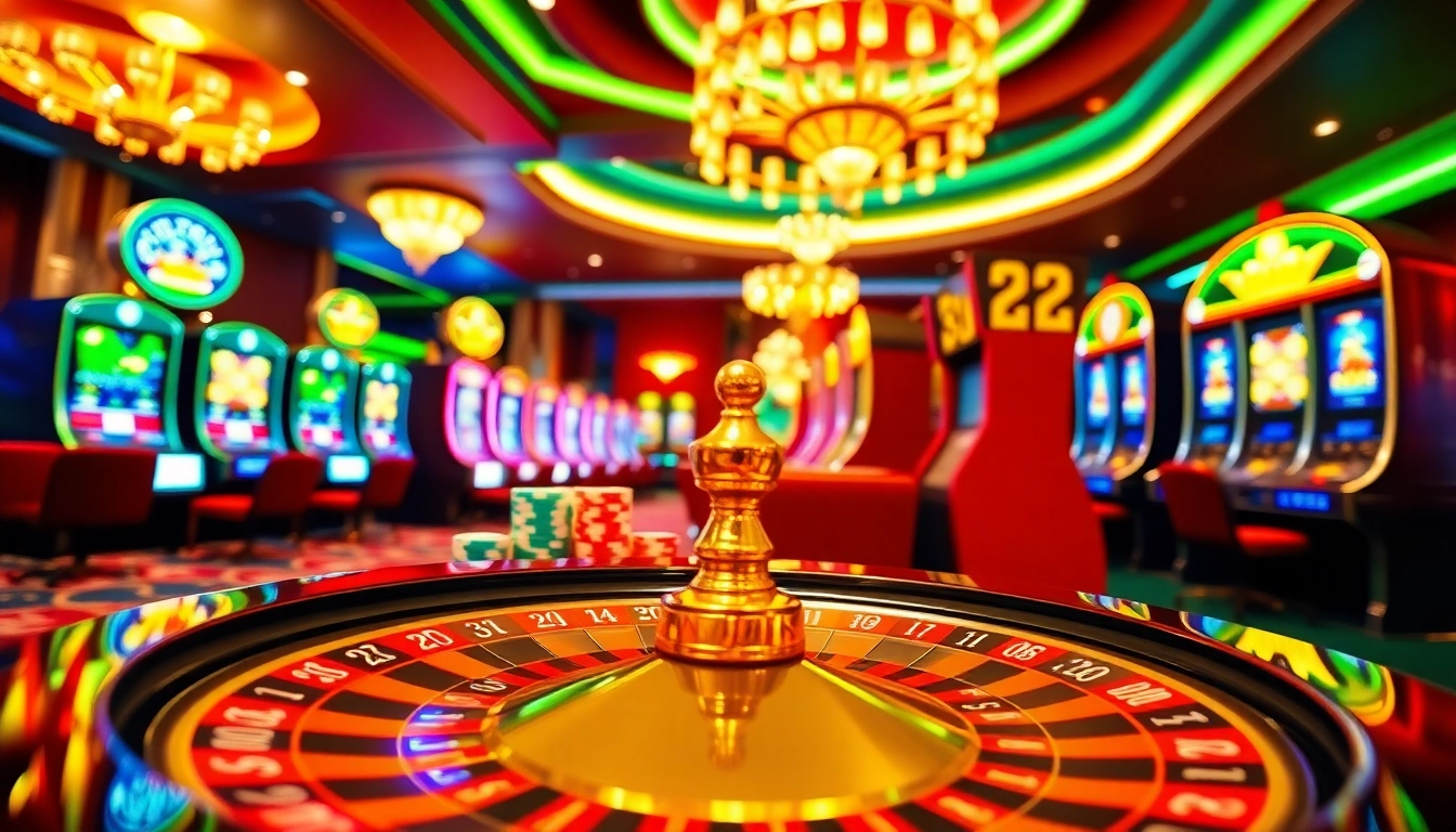 A thrilling gambling scene at Nhà cái PS99 with luxurious casino elements like roulette and poker chips.