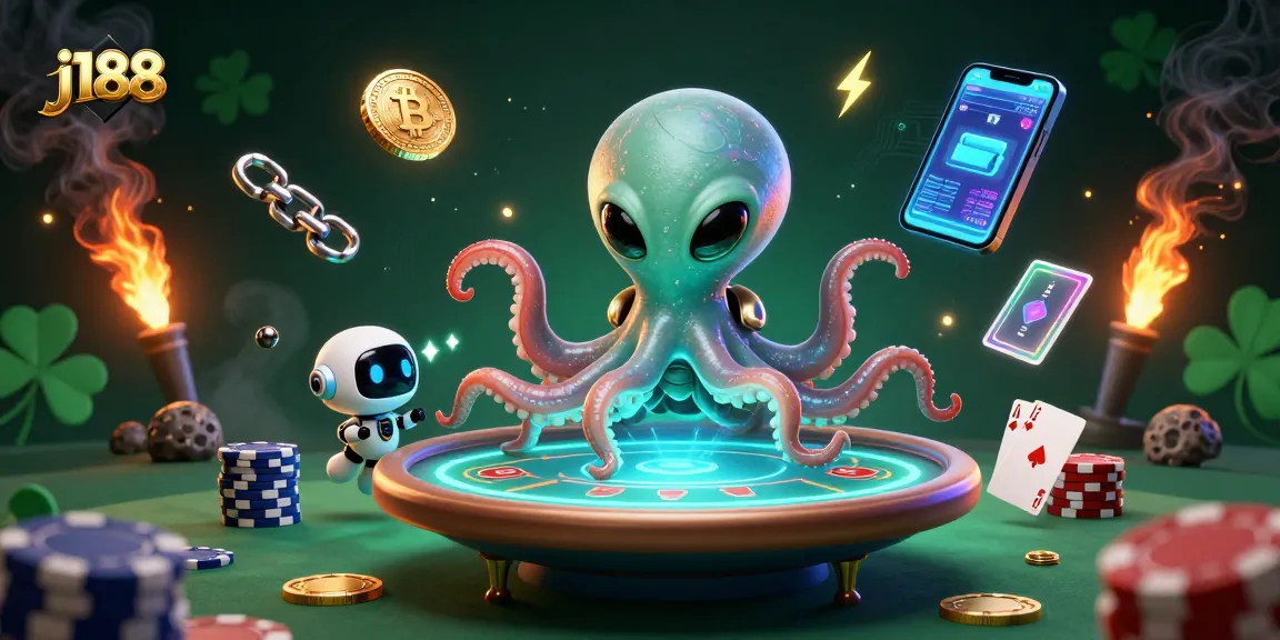 Experience the thrill of j188 with an alien octopus and robot at a holographic poker table.