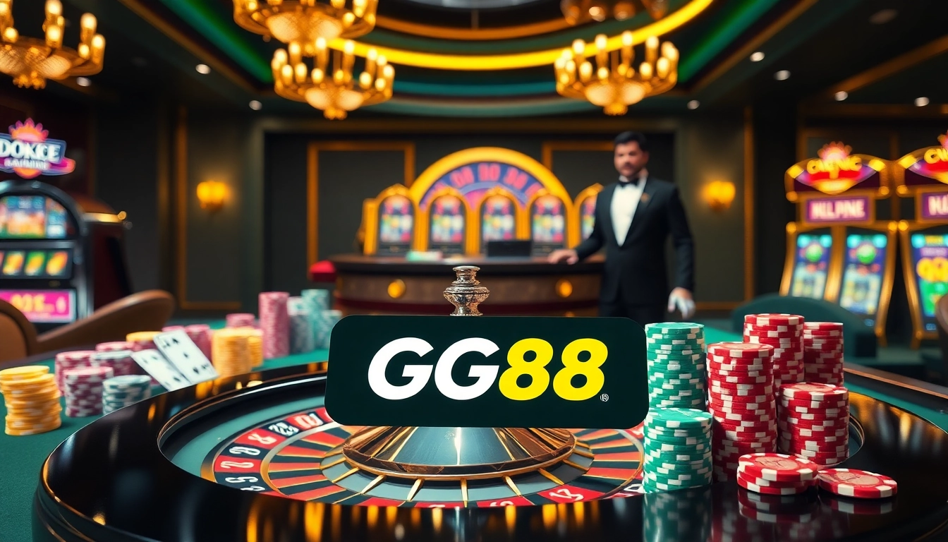Experience exciting gameplay at GG88 with vibrant casino visuals of roulette and poker chips.