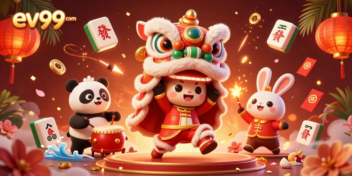 Experience the excitement of ev99 com with colorful characters under festive decorations in a vibrant casino scene.
