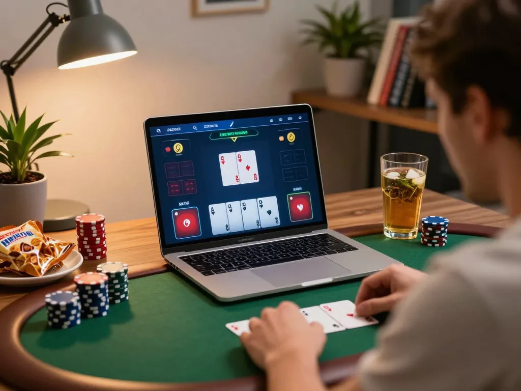 CM88 online poker player reviewing cards in a cozy home office while strategizing