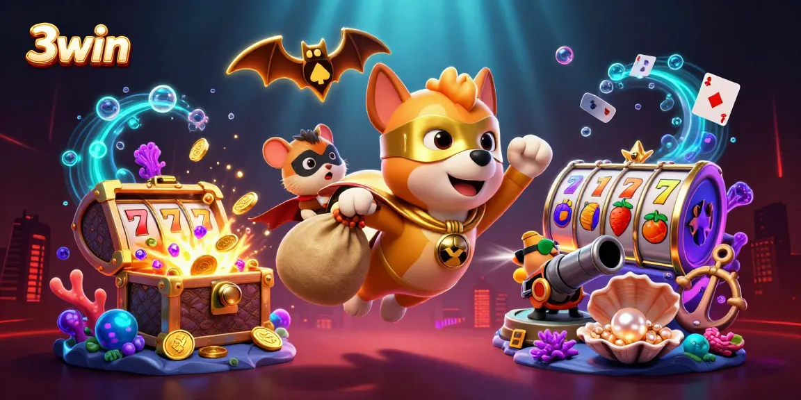 Engage with 3win as a superhero dog flies through a vibrant casino world loaded with treasure and adventure.