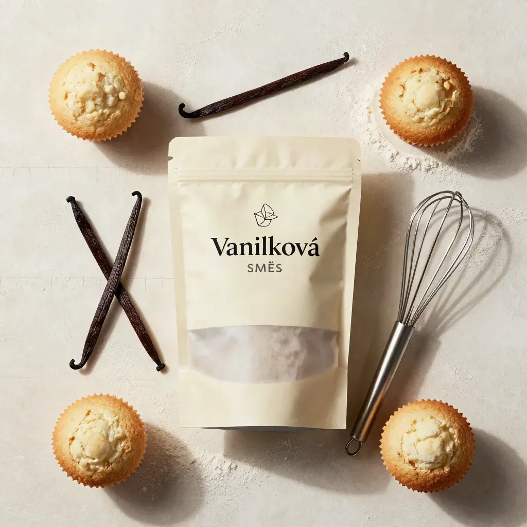 Vanilkový sáček, vanilkové lusky, formičky na muffiny a metla na světlém plátně.